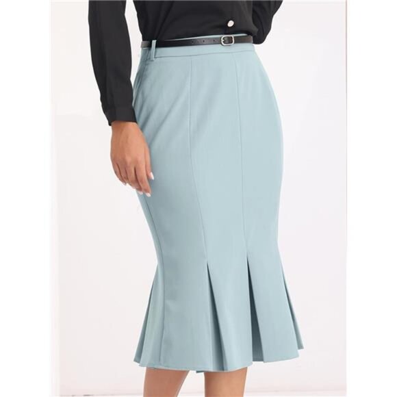 Women's Elegant Formal Skirt with Belt Blue - Picture 1 of 5